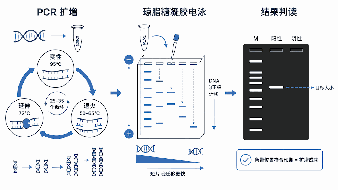 PCR 扩增 + 琼脂糖凝胶电泳鉴定示意图