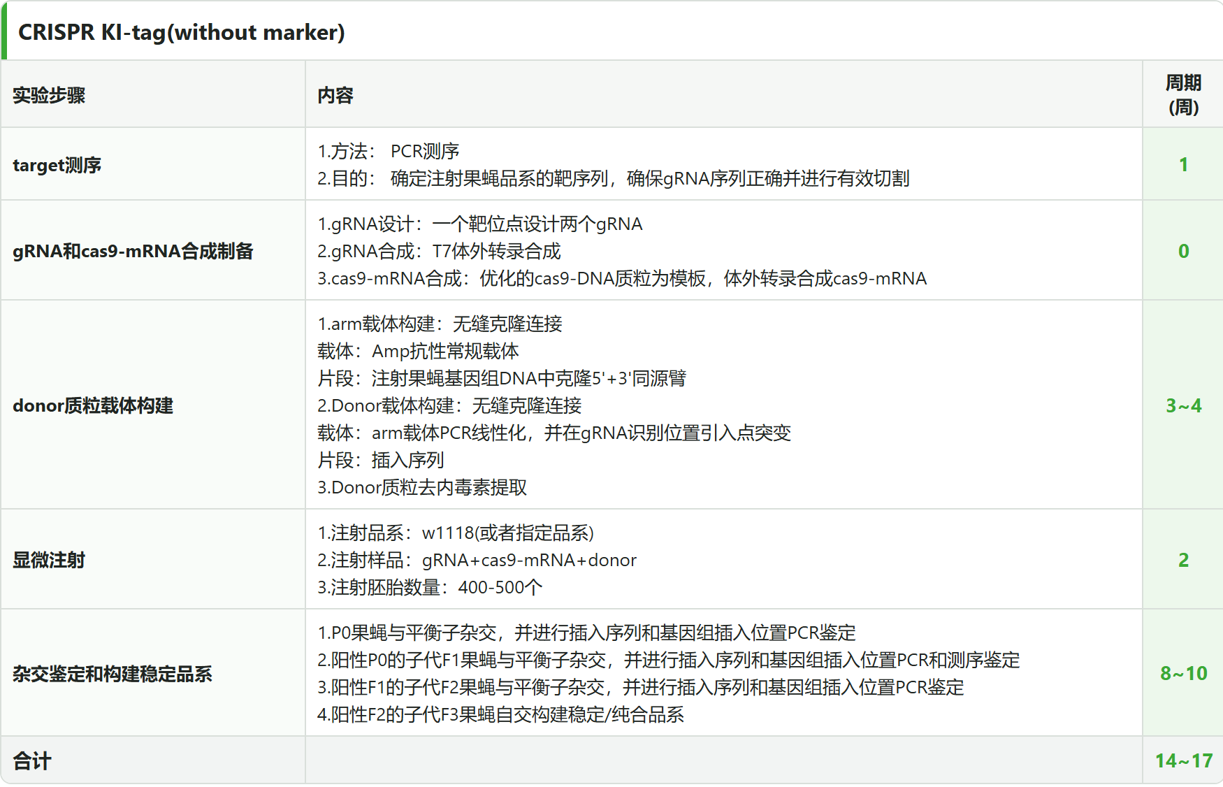 CRISPR KI Tag 无筛选标记 6 阶段流程表：target 测序 → gRNA 和 cas9-mRNA 合成制备 → donor 载体构建 → 显微注射 → 杂交鉴定和构建稳定品系，合计 14~17 周