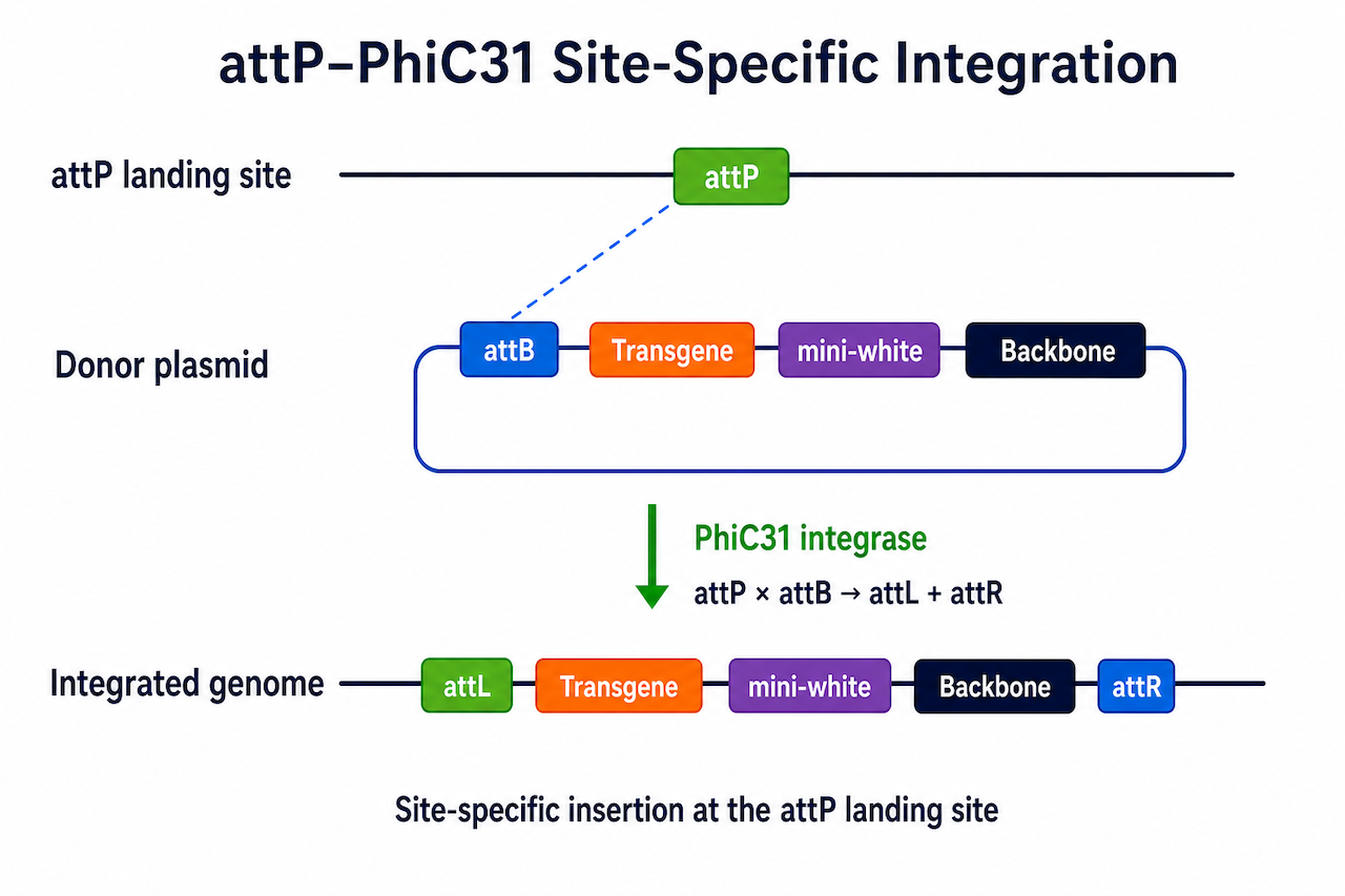 attP-PhiC31 定点插入示意图：attP 位点接受供体载体 attB，整合后形成 attL / attR