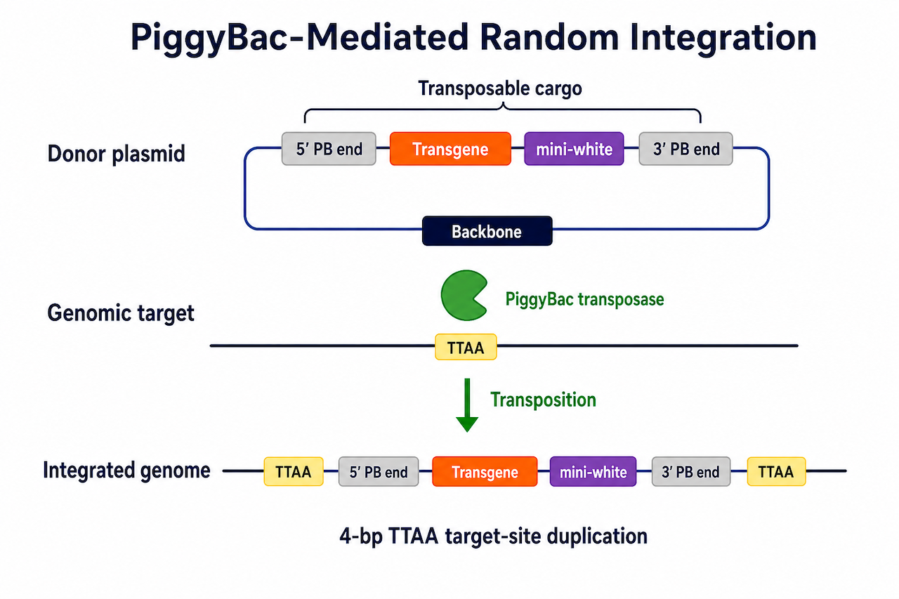 PiggyBac 转座机制示意图：donor plasmid 由转座酶剪切后整合至果蝇基因组
