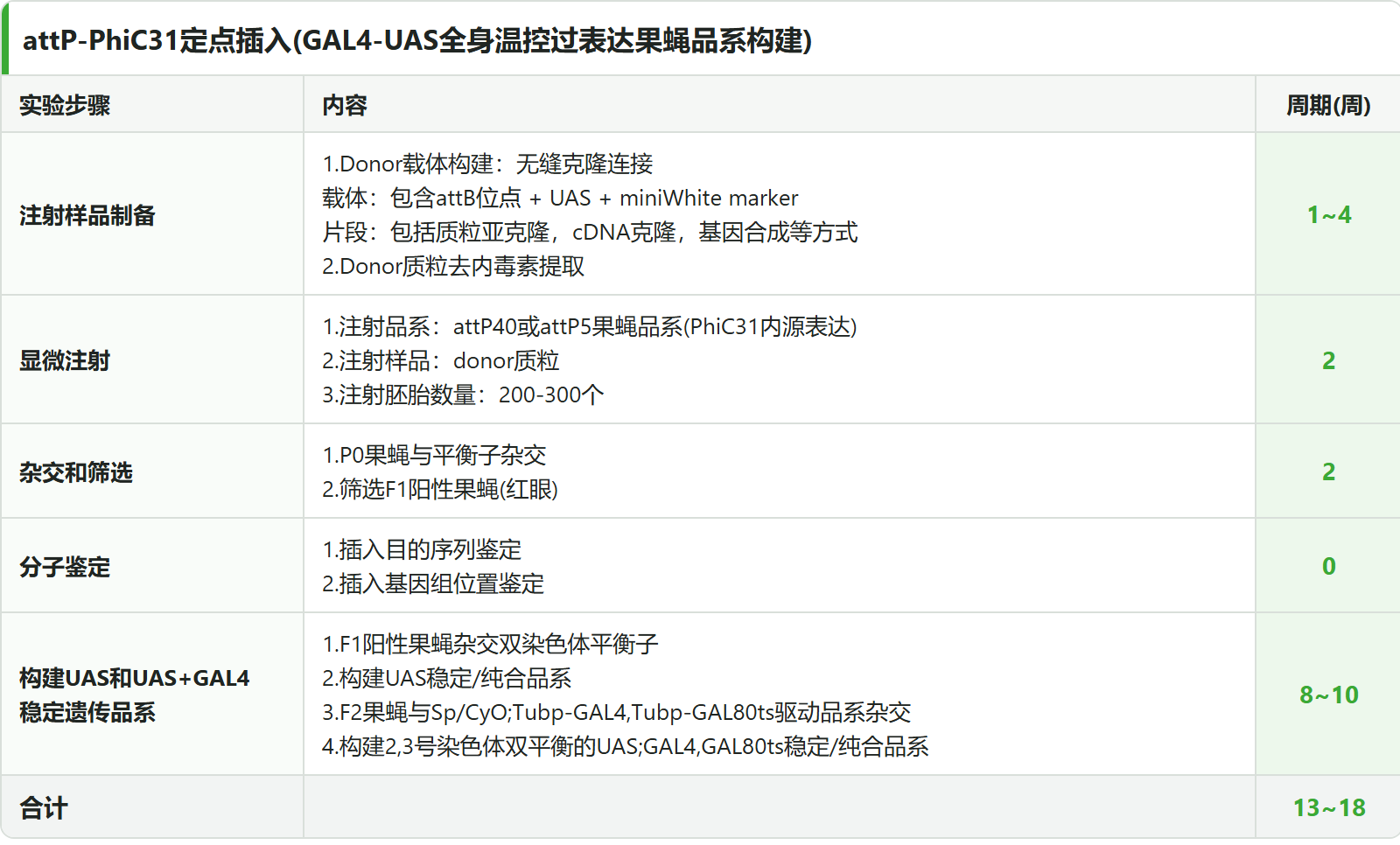 UAS-GAL4 温控过表达品系构建 5 阶段标准流程表：注射样品制备 → 显微注射 → 杂交和筛选 → 分子鉴定 → 构建 UAS 和 UAS;GAL4,GAL80ts 稳定/纯合品系，合计 13~18 周