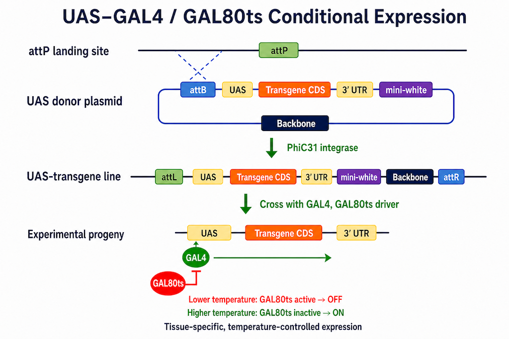 UAS-GAL4 二元表达系统示意：GAL4 激活 UAS 下游基因，GAL80ts 在 18°C 抑制、29°C 释放